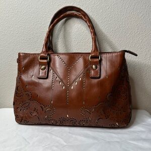Patricia Nash Genuine Leather Laser Cut Tan Brown Satchel Handbag